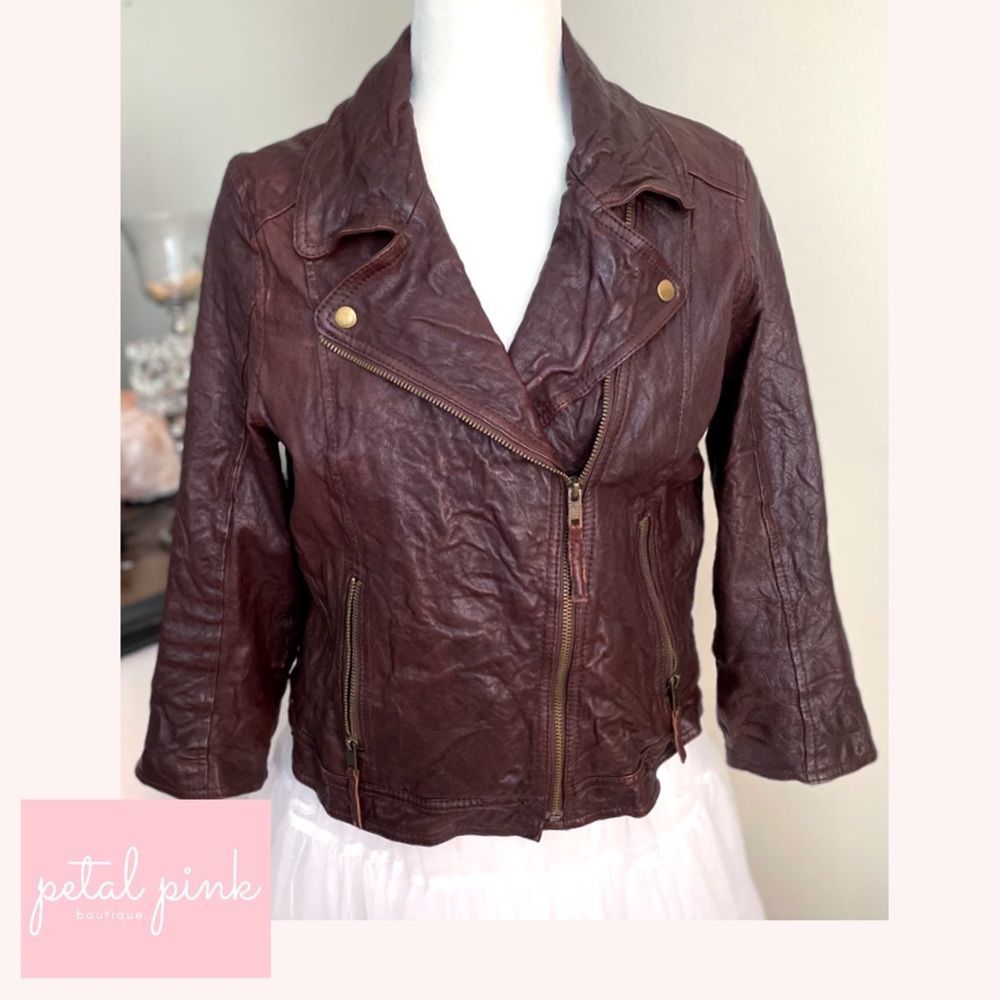 SIZE LARGE | FOSSIL Brown Distressed Leather 3/4 Sleeve Moto Jacket